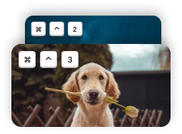 Tucket's paste-shortcut overlay, showing ⌘⌃2 and ⌘⌃3 dropping a recent clip straight into place
